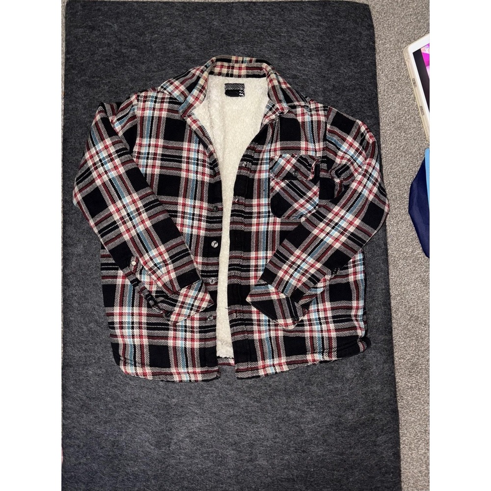 Billabong Jacket Mens L Black Plaid Sherpa Lined Flannel Snap Front Winter
